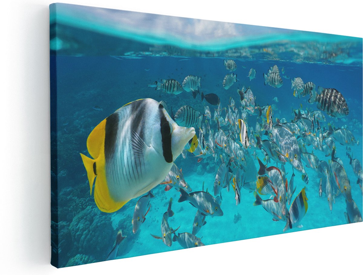 Artaza Canvas Schilderij Zwerm Gele Vissen in het Water - 160x80 cm - Groot - Wanddecoratie Woonkamer - Schilderijen - Muurdecoratie