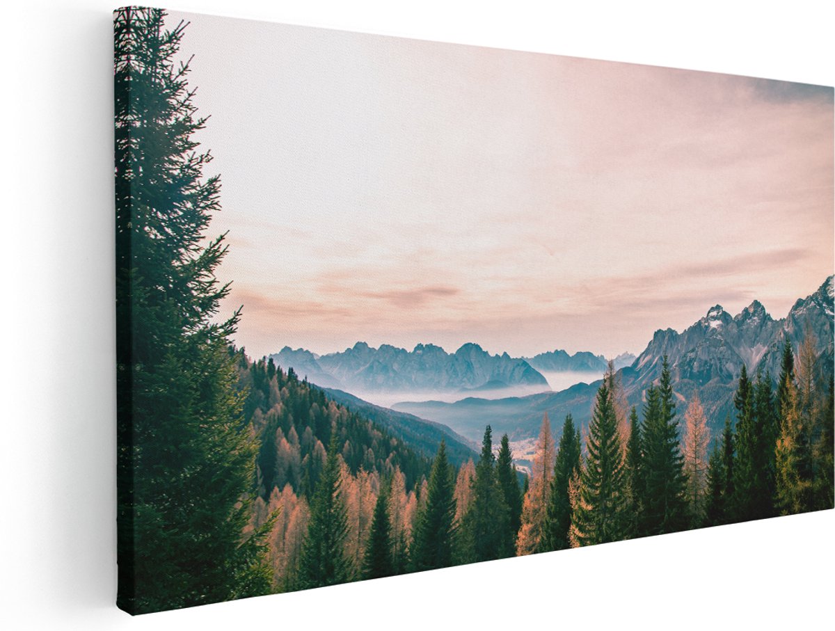 Artaza Canvas Schilderij Bos Met Bomen Bij Bergen Landschap - 160x80 cm - Groot - Wanddecoratie Woonkamer - Schilderijen - Muurdecoratie