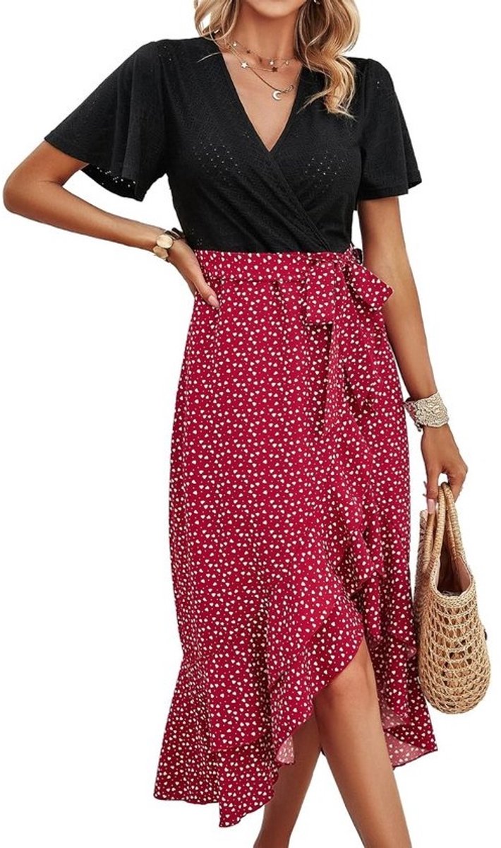 Zomerjurk Dames Elegant Splitten Boho Bloemen Jurk met Riem - Lichtgewicht Kniehoge Casual Jurk