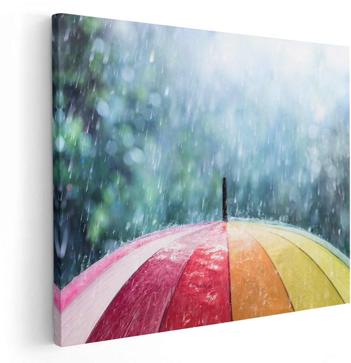 Artaza Canvas Schilderij Regenboog Paraplu met Regen - 150x120 cm - Groot - Wanddecoratie Woonkamer - Schilderijen - Muurdecoratie