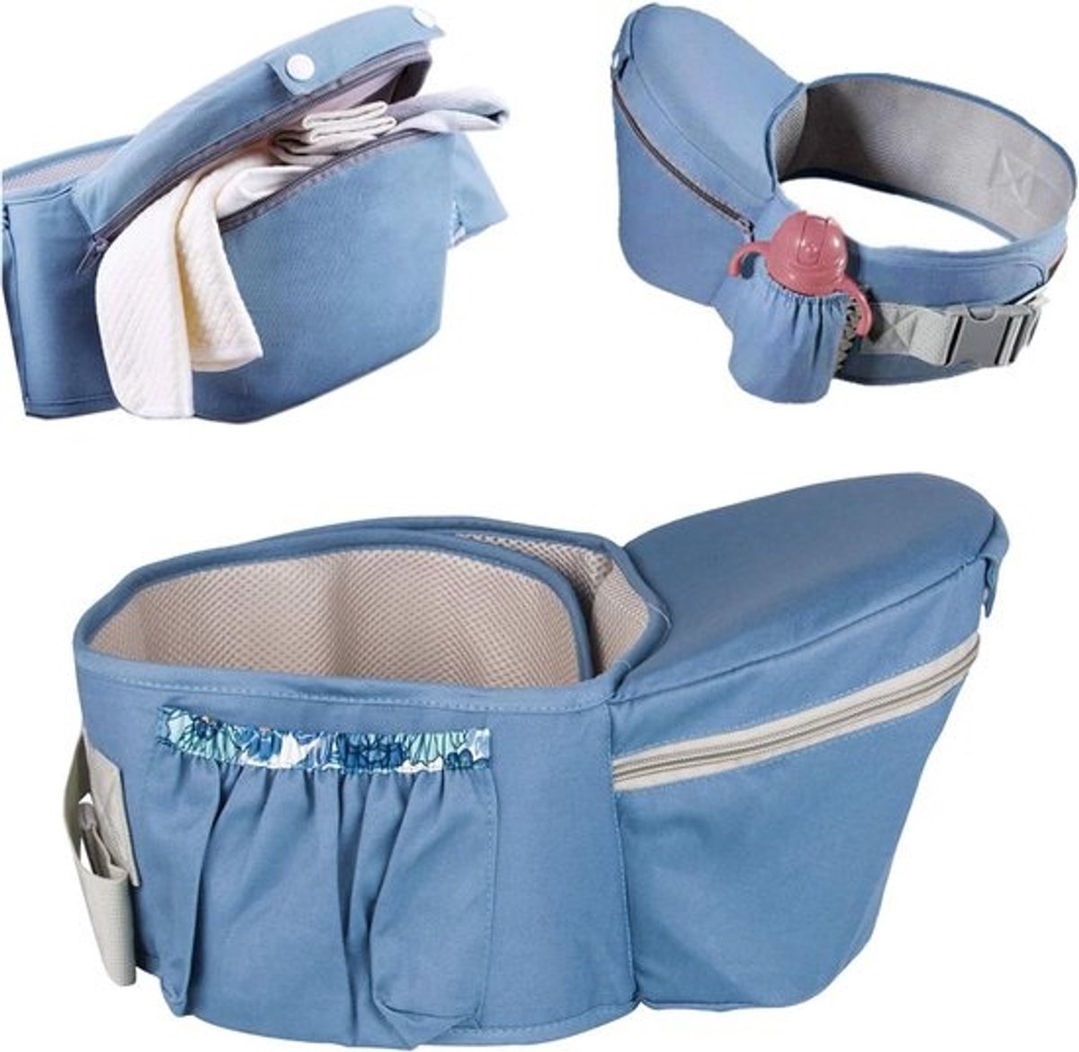 Heupstoel met 3 opbergzakken - Verstelbare draagriem - EPP zitgedeelte - Voor baby's 4-36 maanden - Tot 20 kg - Blauw