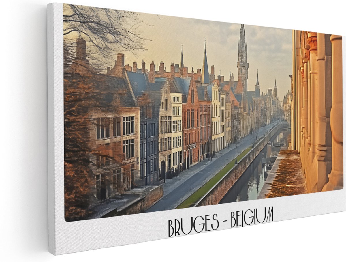 Artaza Canvas Schilderij Grachtenpanden Brugge - 160x80 cm - Groot - Wanddecoratie Landschap - Muurdecoratie Stad - Decoratie België