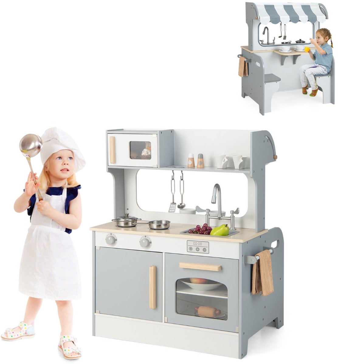 SureDeal® - Rollenspell - Kinder Speel Keuken - Restaurant - Tapkraan Gootsteen Fornuis - 75x52x90 cm - Grijs