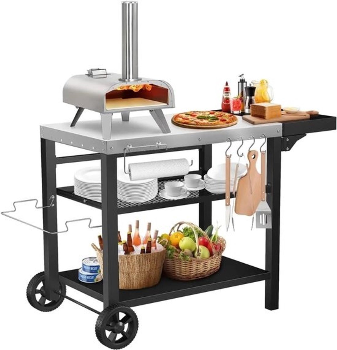 Grill Tafel - Buitenkeuken Trolley - Pizza Oven - Drie Plank Opslag - Verrijdbaar Ontwerp