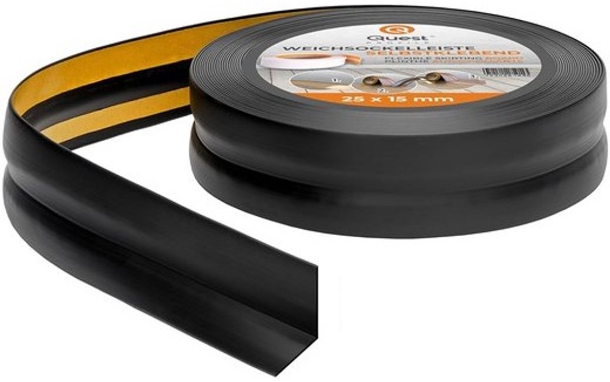 Zelfklevende Plint - Afwerkstrip Afdichtband - Muren Afwerken - Flexibel PVC Materiaal - 25 mm x 15 mm - Zwart