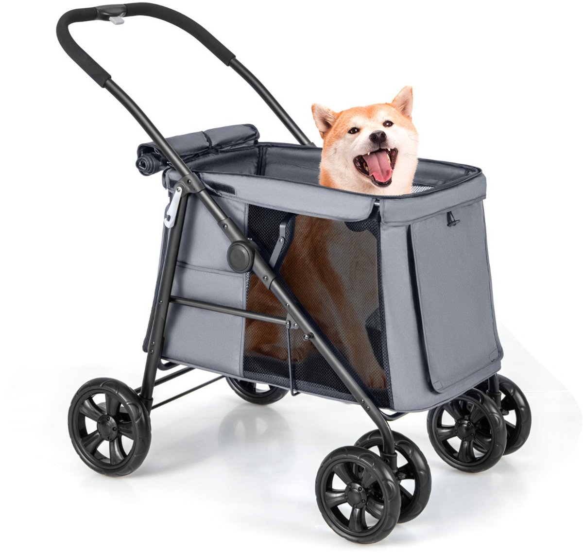 SureDeal® - Hondenproduct - Opvouwbare Kinderwagen - Kleine - Middelgrote Huisdieren - Ademend Gaas Dakraam - Één Knop - 106x63x103 cm - Grijs