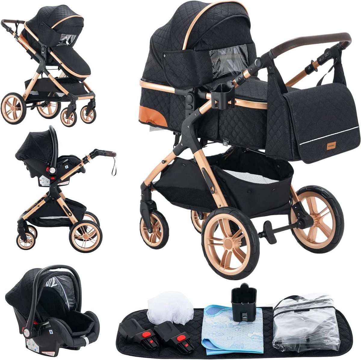 Kinderwagen 3-in-1 - Combi kinderwagen - Veilig vervoer - Hoge landschap - 60 x 40 x 105 cm - Zwart