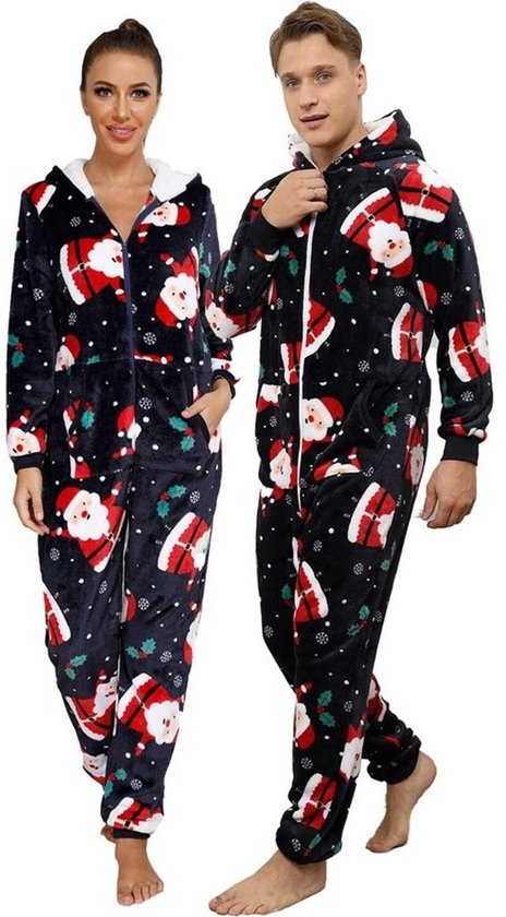 Bijpassende Kerst Onesie voor Koppels - Warme Fluwelen Pyjama met Capuchon en Zakken