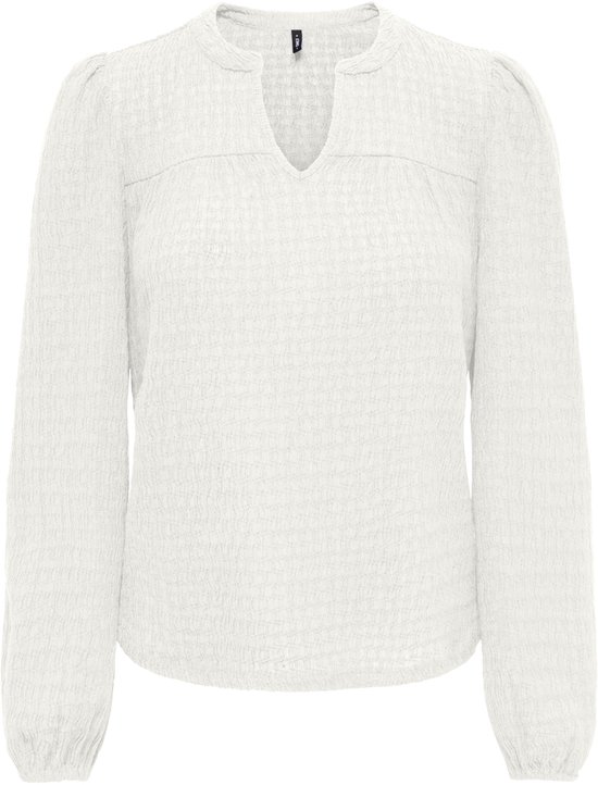 Blouse en crêpe blanc cassé, col en V et manches bouffantes.