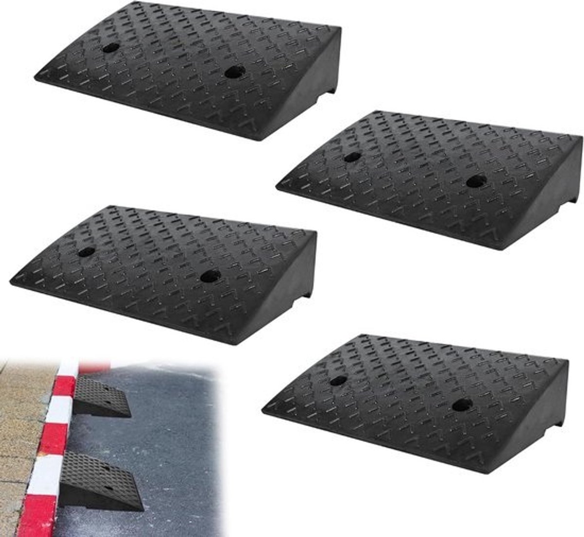 Set van 4 Stevige Rubberen Opritten - Drempelhulp 10,5 cm Hoog voor Rolstoel, Scooter en Auto