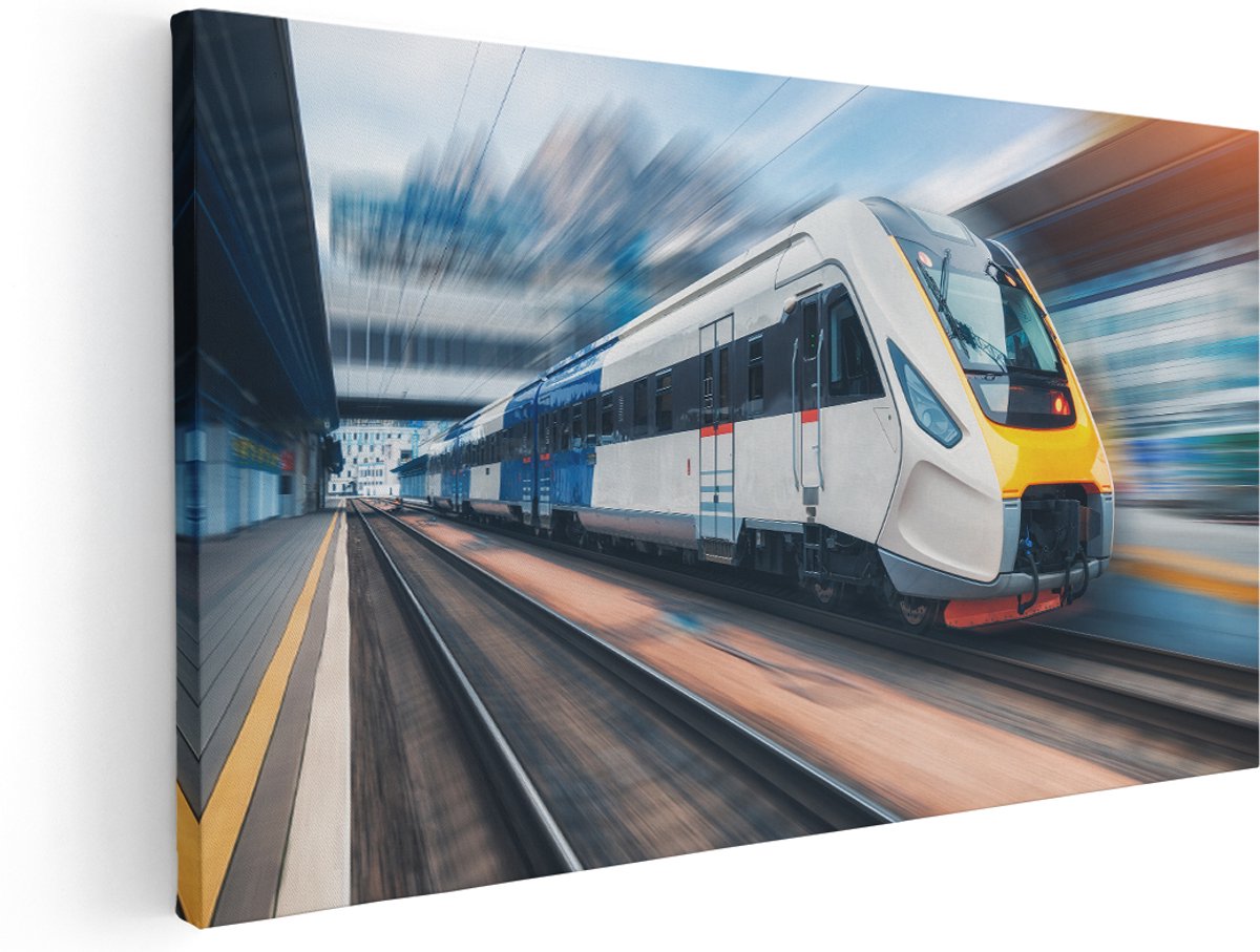 Artaza Canvas Schilderij Trein bij het Station - 140x70 cm - Groot - Wanddecoratie Woonkamer - Schilderijen - Muurdecoratie