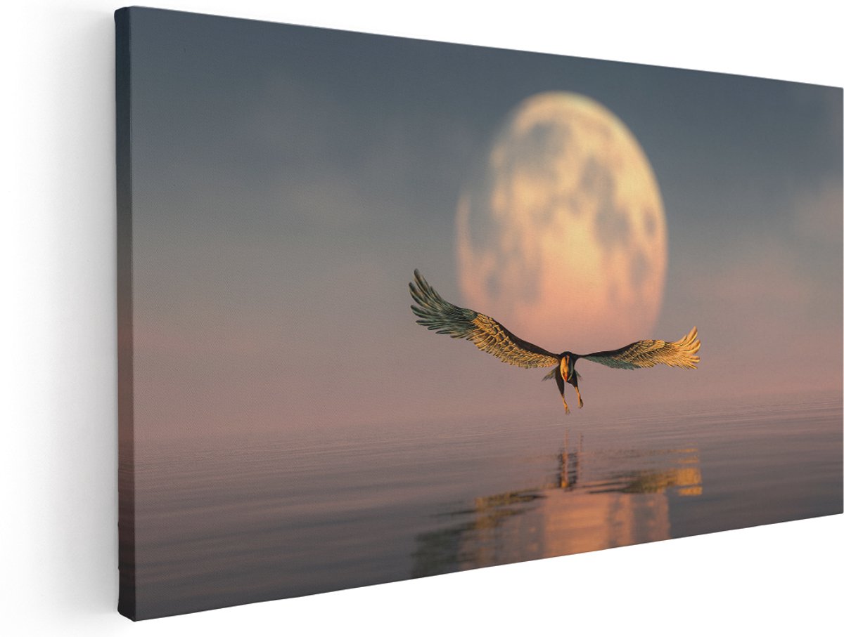 Artaza Canvas Schilderij Adelaar boven het Water bij de Maan - 140x70 cm - Groot - Wanddecoratie Woonkamer - Schilderijen - Muurdecoratie