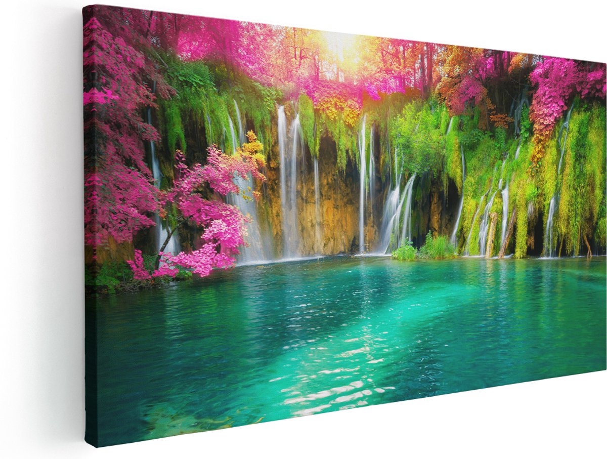 Artaza Canvas Schilderij Waterval Met Roze En Groene Bloemen - 140x70 cm - Groot - Wanddecoratie Woonkamer - Schilderijen - Muurdecoratie