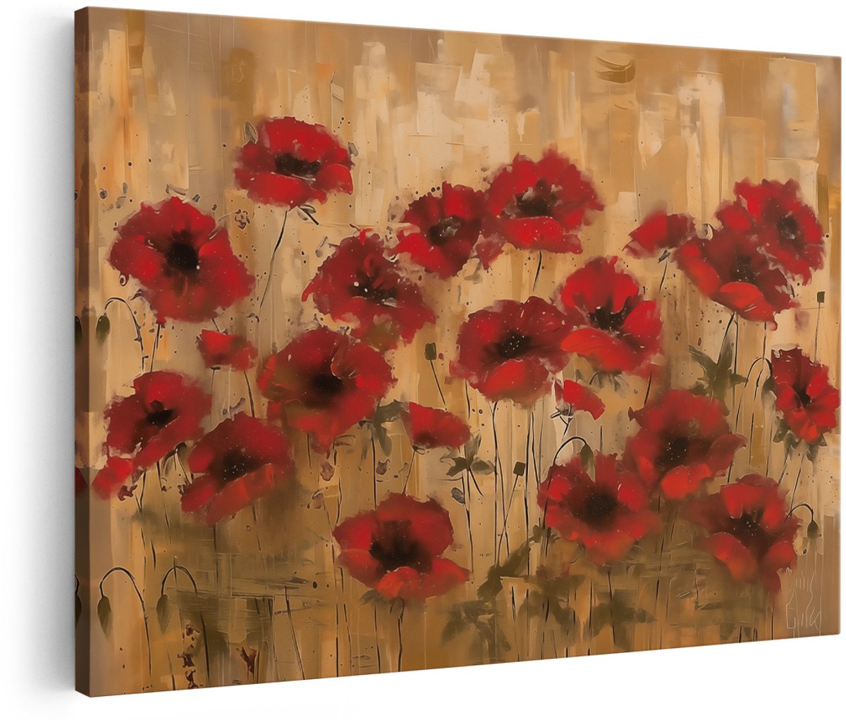 Artaza Canvas Schilderij Rode Papavers op een Bruine Achtergrond - 150x100 cm - Groot - Wanddecoratie Woonkamer - Schilderijen - Muurdecoratie