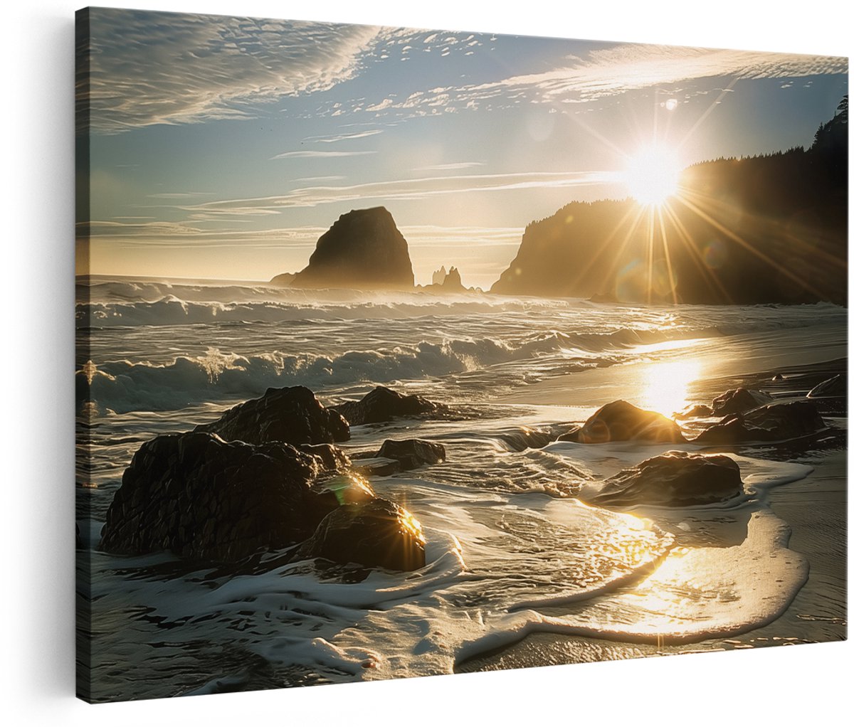Artaza Canvas Schilderij Zon schijnt op een Strand - Landschap - 150x100 cm - Groot - Wanddecoratie Woonkamer - Schilderijen - Muurdecoratie