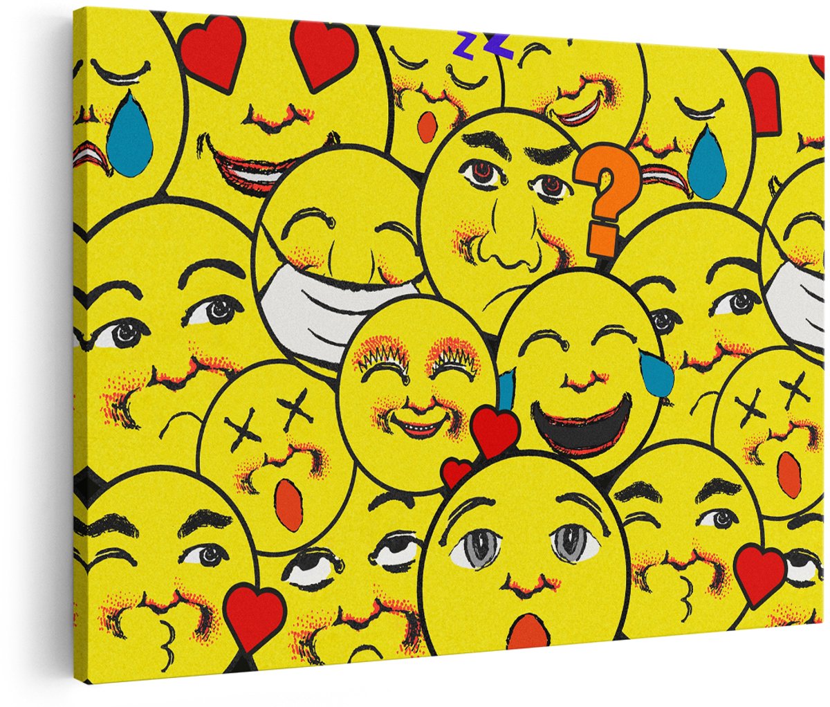 Artaza Canvas Schilderij Emoji Gezichten - 150x100 cm - Groot - Wanddecoratie Pop Art - Muurdecoratie Smileys - Decoratie Geel - Schilderijen Op Canvas
