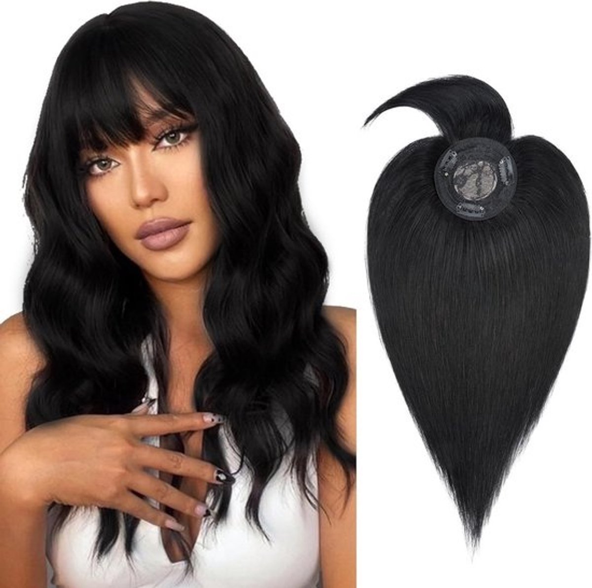 Natuurlijk Echt Haarstukje met Pony Clip-in Verlenging - Steil - Ravenzwart - 30 cm