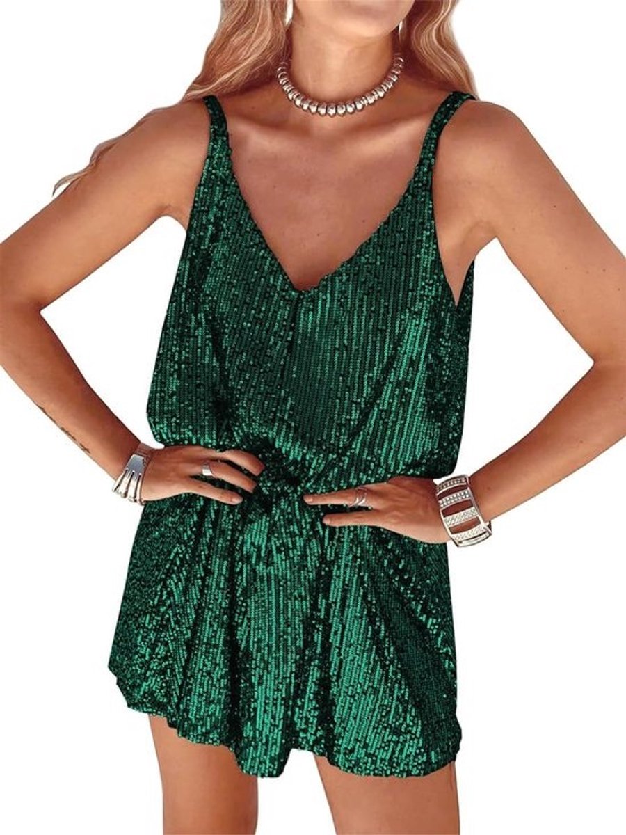 Dames Glitter Jurk met V-hals Pailletten Mouwloos Kort Feestelijk