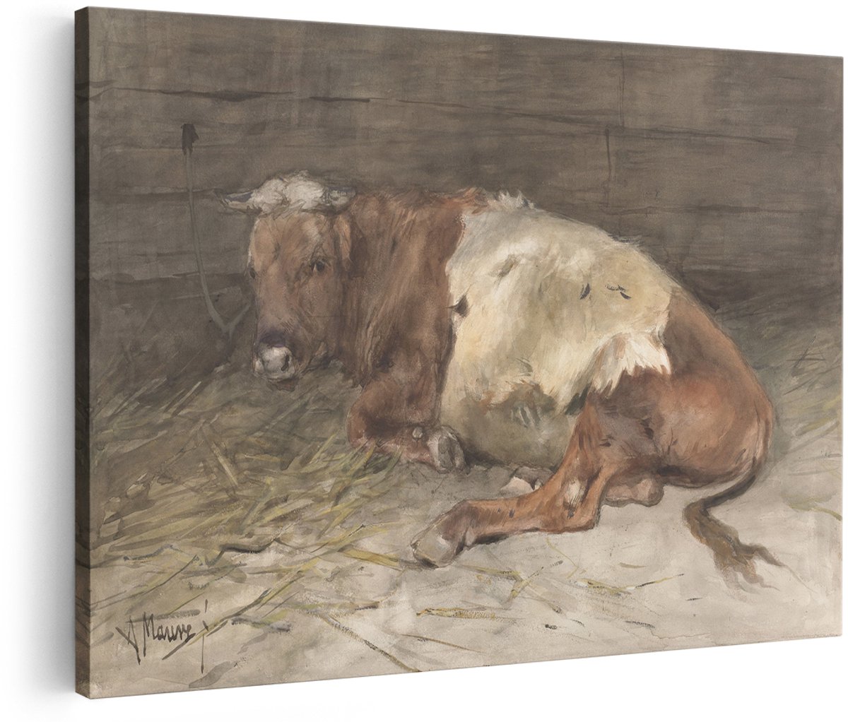 Artaza Canvas Schilderij Liggende Jonge Stier - Anton Mauve - 150x100 cm - Groot - Kunst - Wanddecoratie Woonkamer