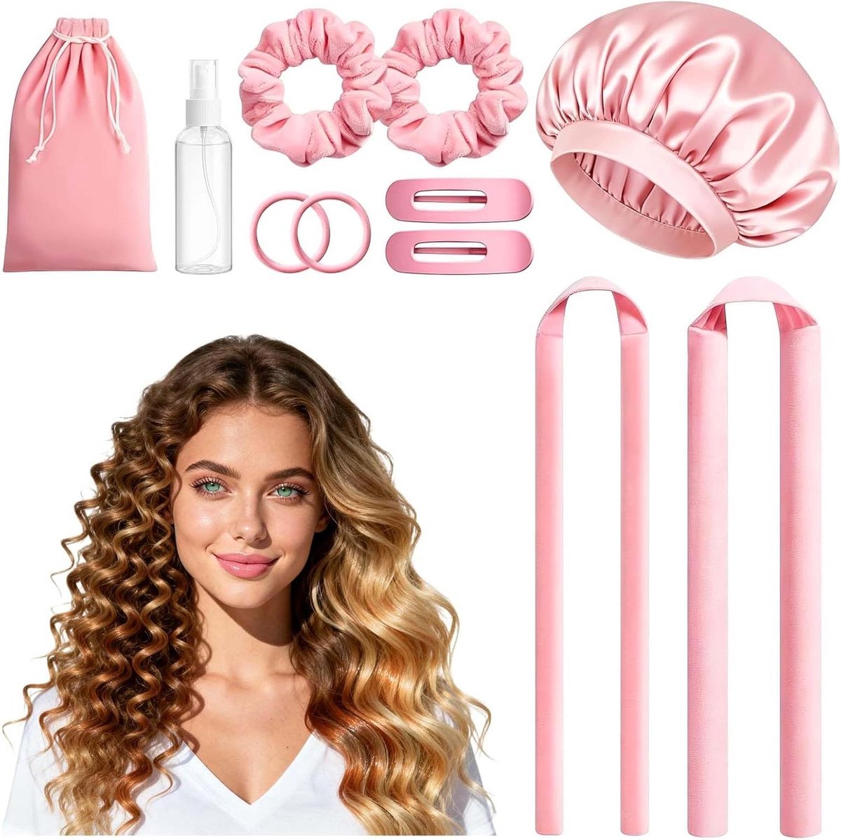 Krullen zonder hitte - Haarrollers set - Natuurlijke krullen maken - 2 maten - 11 stuks - Roze