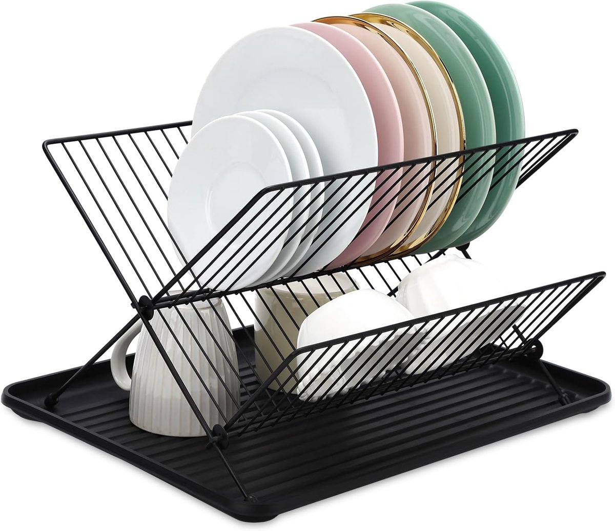 Afwasrek - afdruiprek - met lekbak - koolstofstaal - dubbellaags opvouwbaar afwasrek - geschikt voor aanrecht - 37 × 29 × 26 cm - zwart