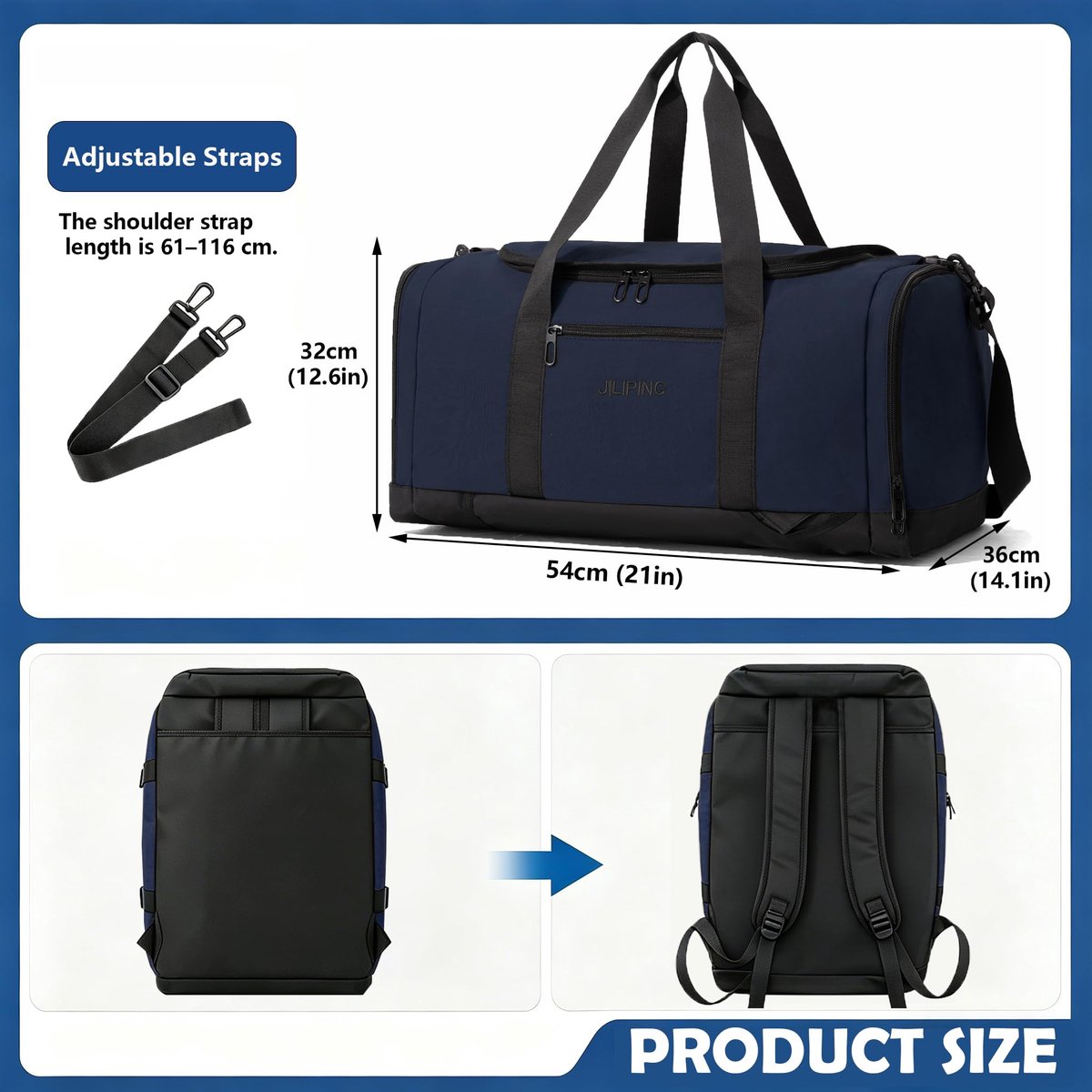 SnelShoppen - 62L Sporttas Voor Dames en Heren met Schoenenvak - Blauwe Sport Duffel Tas voor Gym, Training, Weekend, Reizen en Zwemmen - Multifunctio