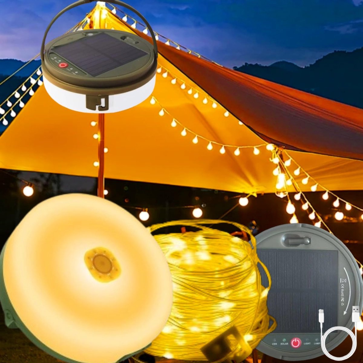 SnelShoppen - Lichtsnoer 12 m Draagbaar met Afstandsbediening en 120 LEDs - Zonnelamp voor Buiten, Oplaadbaar, 8 Modi, Warm Wit - Perfect voor Camping