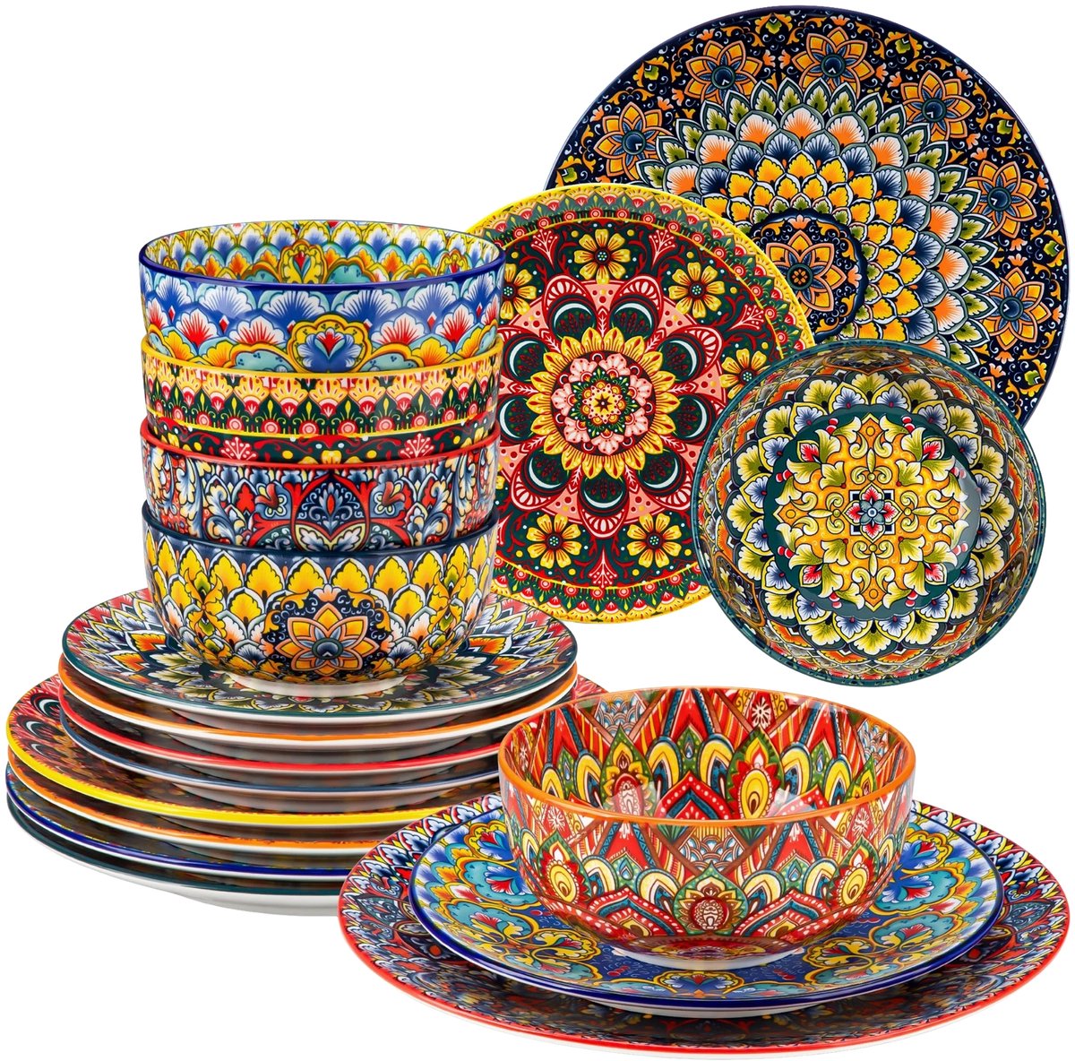 18-delige Porseleinen Serviesset – Bohemian Servies met Dinerborden, Dessertborden & Ontbijtkommen