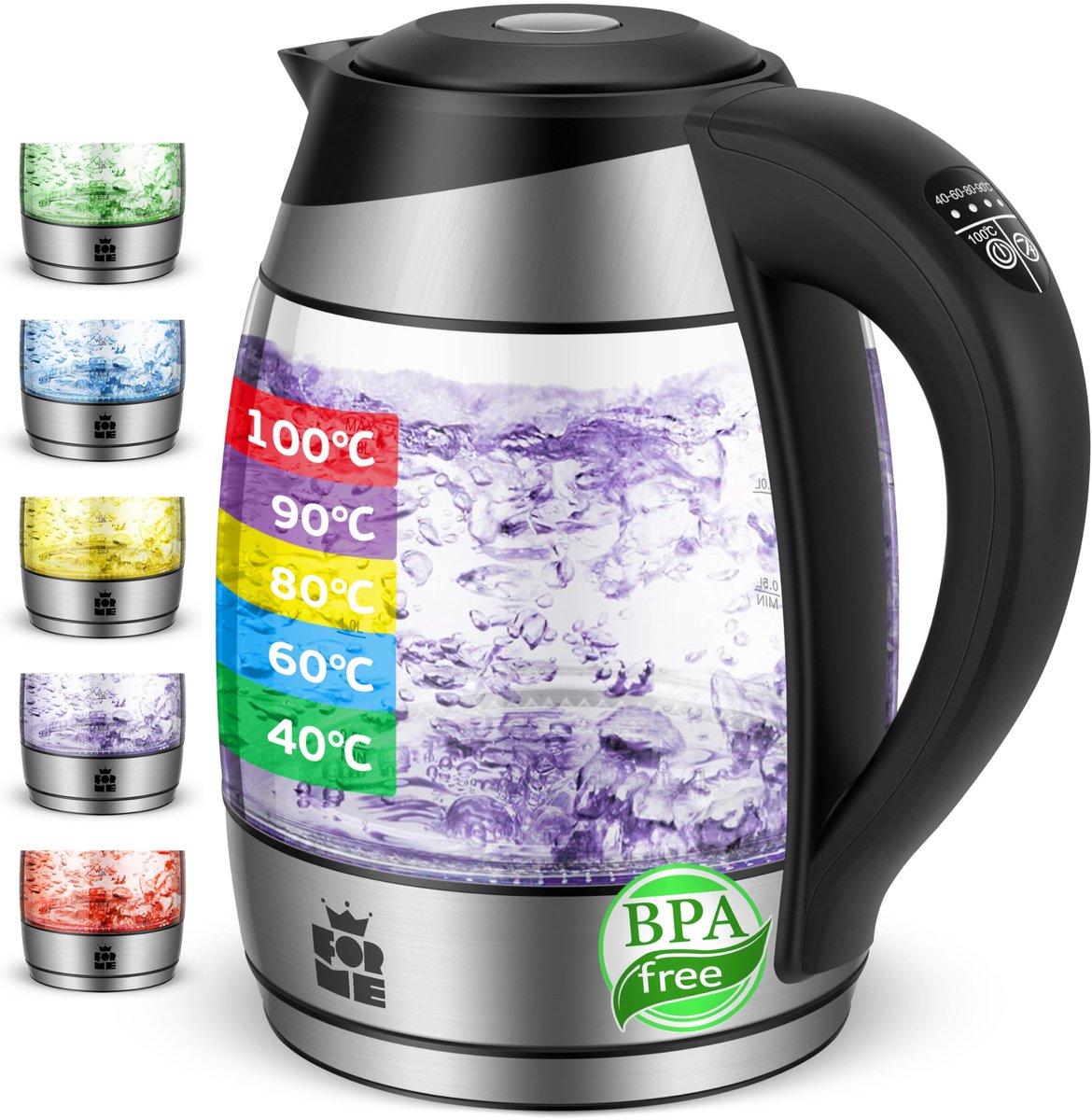SnelShoppen - Elektrische Waterkoker van Glas 1,8L met Temperatuurregeling van 40°C tot 100°C, LED Verlichting in 5 Kleuren, Warmhoudfunctie, BPA-vrij