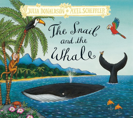 Couverture du livre 'L'escargot et la baleine' avec une baleine qui projette de l'eau, un escargot sur la queue de la baleine, un singe, un crabe, des poissons, un perroquet, un toucan et des palmiers.