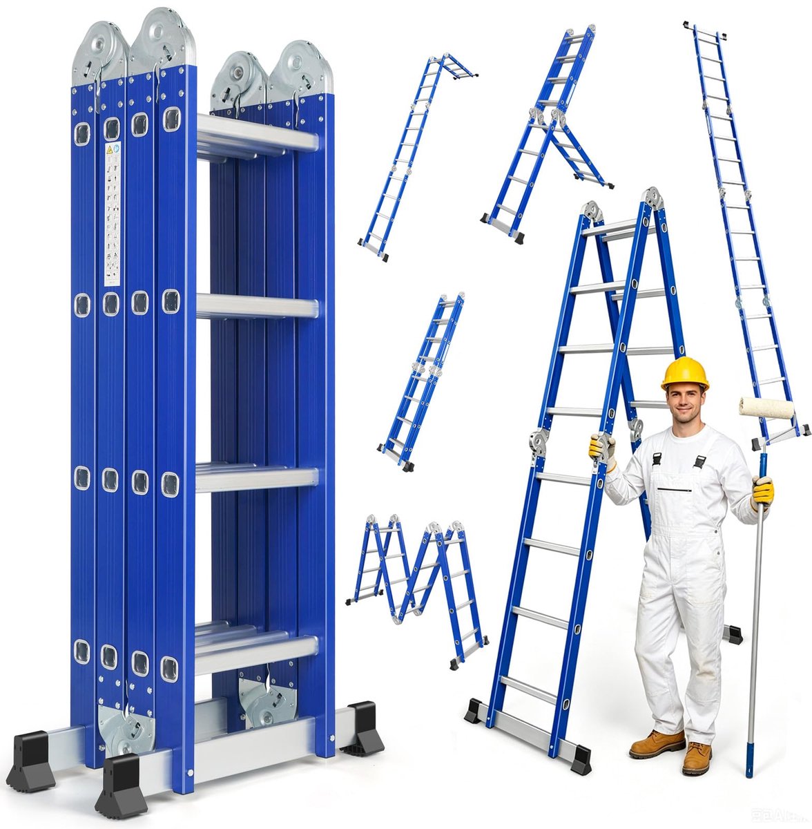 SnelShoppen - 6-in-1 Multifunctionele Opvouwbare Ladder - Aluminium Klapladder - Lichtgewicht en Stevig - Ideaal voor Tuin, Huishouden, Klussen, Campi