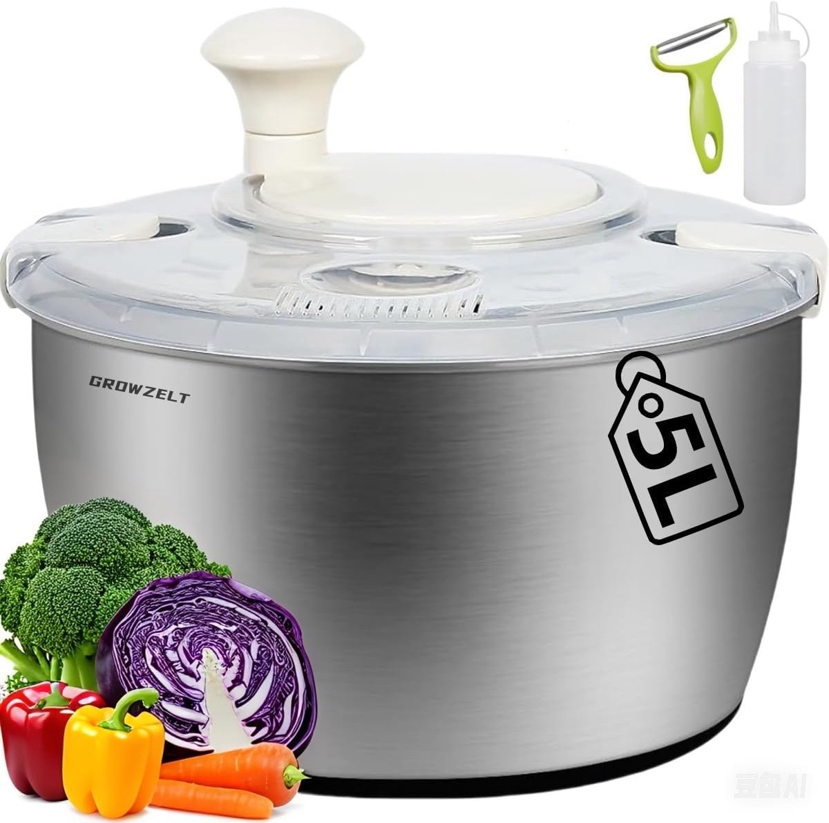 Salade spinner XXL 5L - RVS - Met schiller en druppelfles - Ideaal voor het wassen en drogen van salade - ShopVlot
