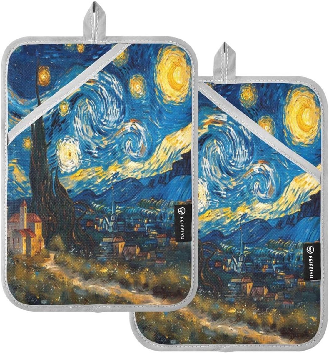 SnelShoppen - Van Gogh stijl sterrenhemel pannenlap set - hittebestendige ovenwanten en onderzetters voor keuken - 2 stuks 18x25 cm - polyester en zil