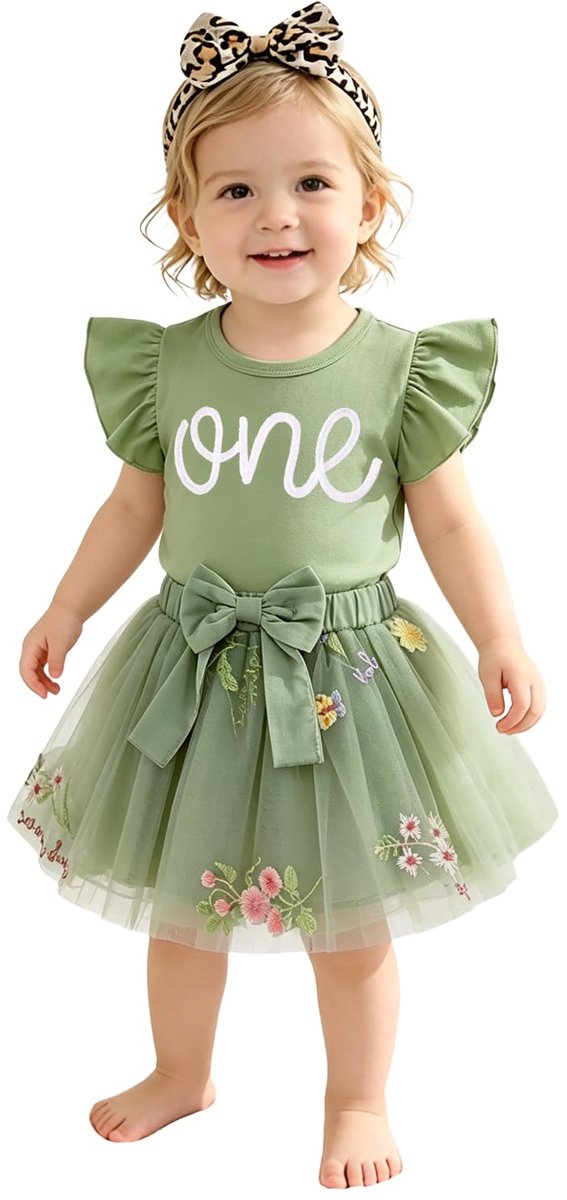 SnelShoppen - Babyoutfit Meisjes 1e Verjaardag - 2-delige Kledingset met T-shirt en Tutu Rok - Plooimouwen, Zomer, Feest, Pasgeborenen, Netrok, Tule,