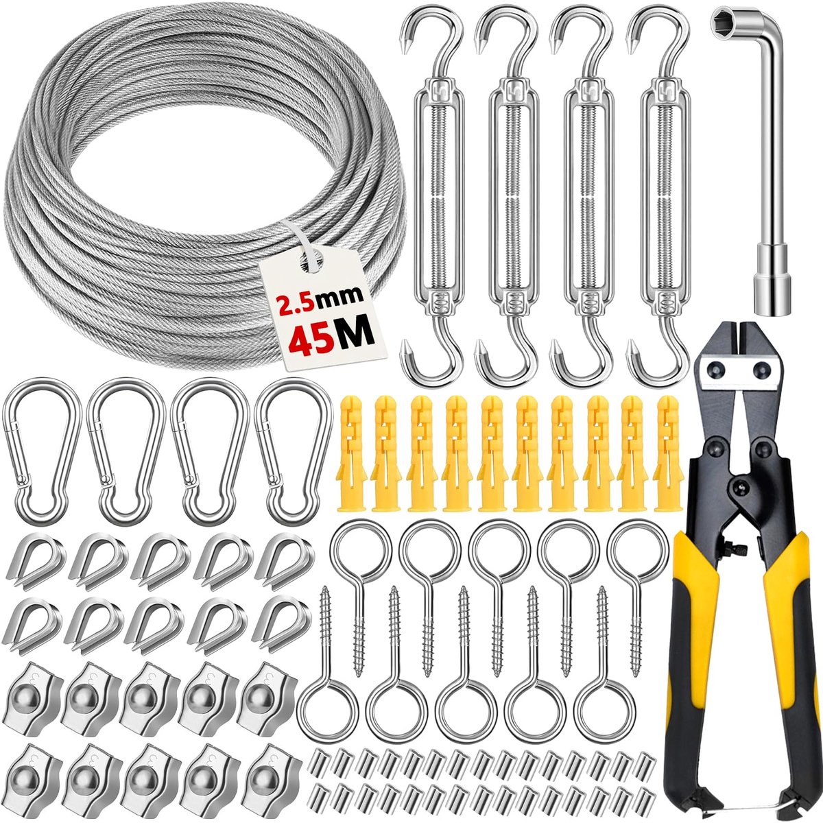 SnelShoppen - 45 m Draadkabel Roestvrij Staal 2,5 mm - PVC Staalkabel, Spandraad met Oogjes, Spanslot voor Waslijn, String Light Suspension, Tuin, Fee