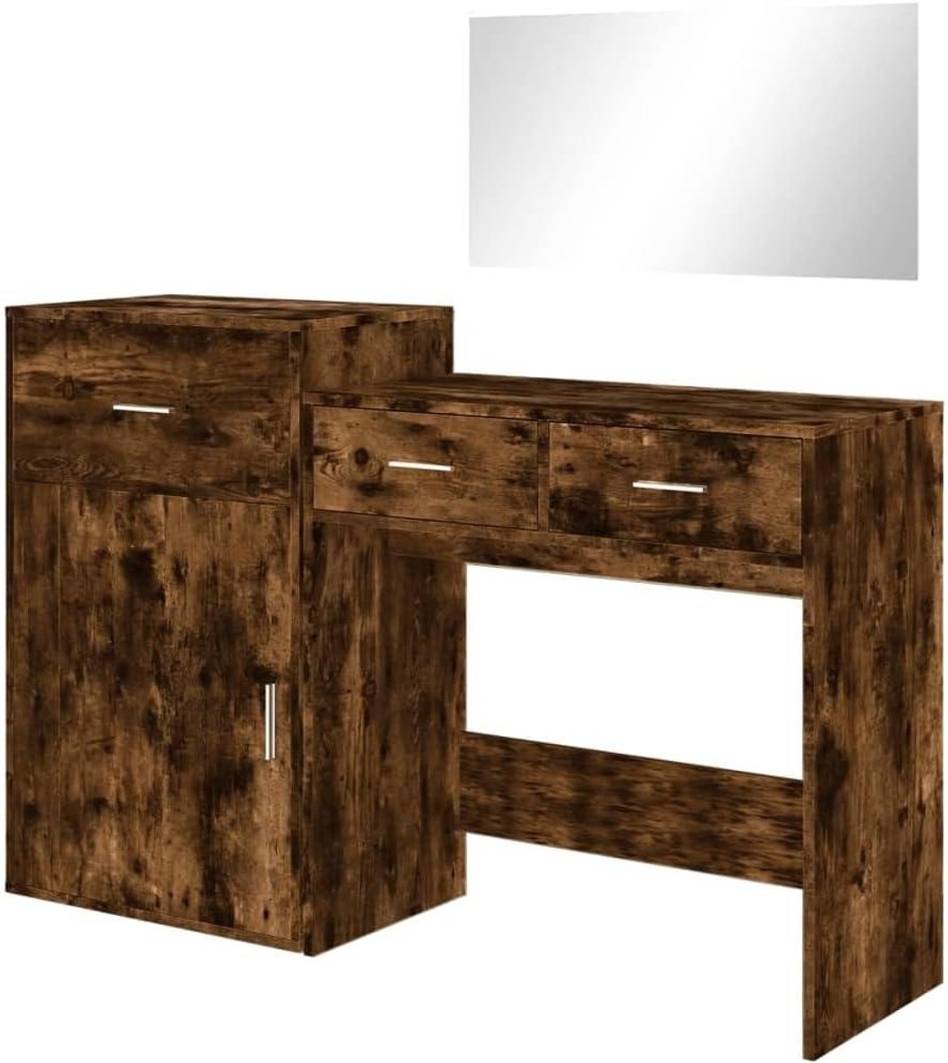 Kaptafel Set - Make-up Tafel Toilettafel - Slaapkamer Organiseren - Met Praktische Spiegel - 3 Delig - Gerookt Eiken