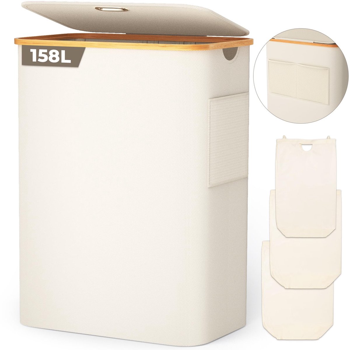SnelShoppen - Wasmand met 3 vakken en deksel, 158 l, opvouwbare wasmand van 600D Oxford-stof, met afneembare waszak en voorvak, beige, ideaal voor thu