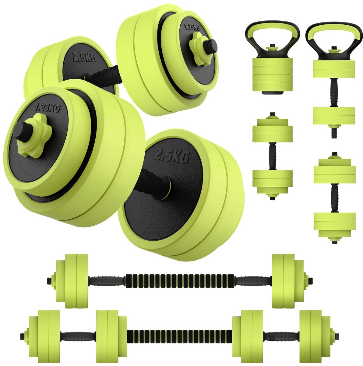 SnelShoppen - Verstelbare 5-in-1 Halterset 20 kg - Korte en Lange Halter, Dumbbells, Push-ups en Kettlebell voor Thuisfitness - Groen