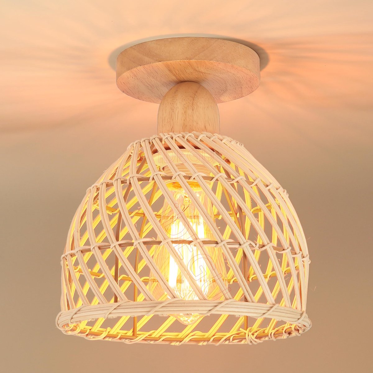 SnelShoppen - iDEGU Retro Plafondlamp Hout en Bamboe, Industriële Hanglamp E27, Spiraalvormige Lampenkap Kooi-Design Vintage Hanglamp voor Slaapkamer,