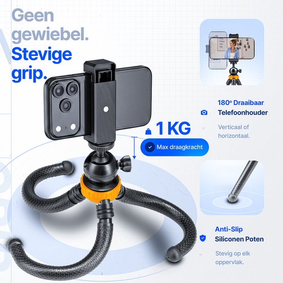 Flexibel statief met octopuspoten, geschikt voor 1 KG, met 180° draaibare telefoonhouder.