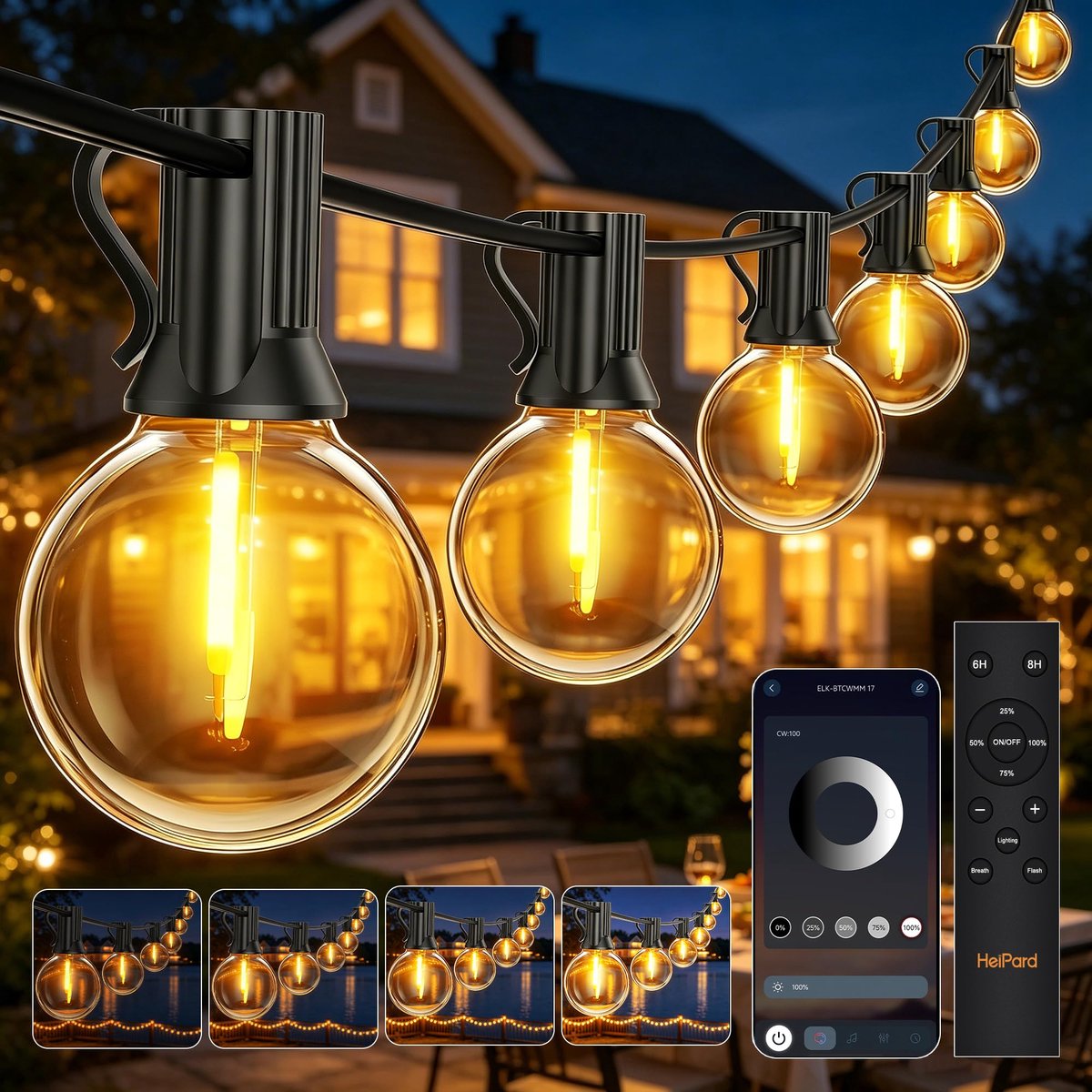 SnelShoppen - Buitenlichtslinger 10 m met app en afstandsbediening, LED-lampen G40, 15+1 stuks, warm wit 2700K, IP44, voor tuin, terras, feesten en ev