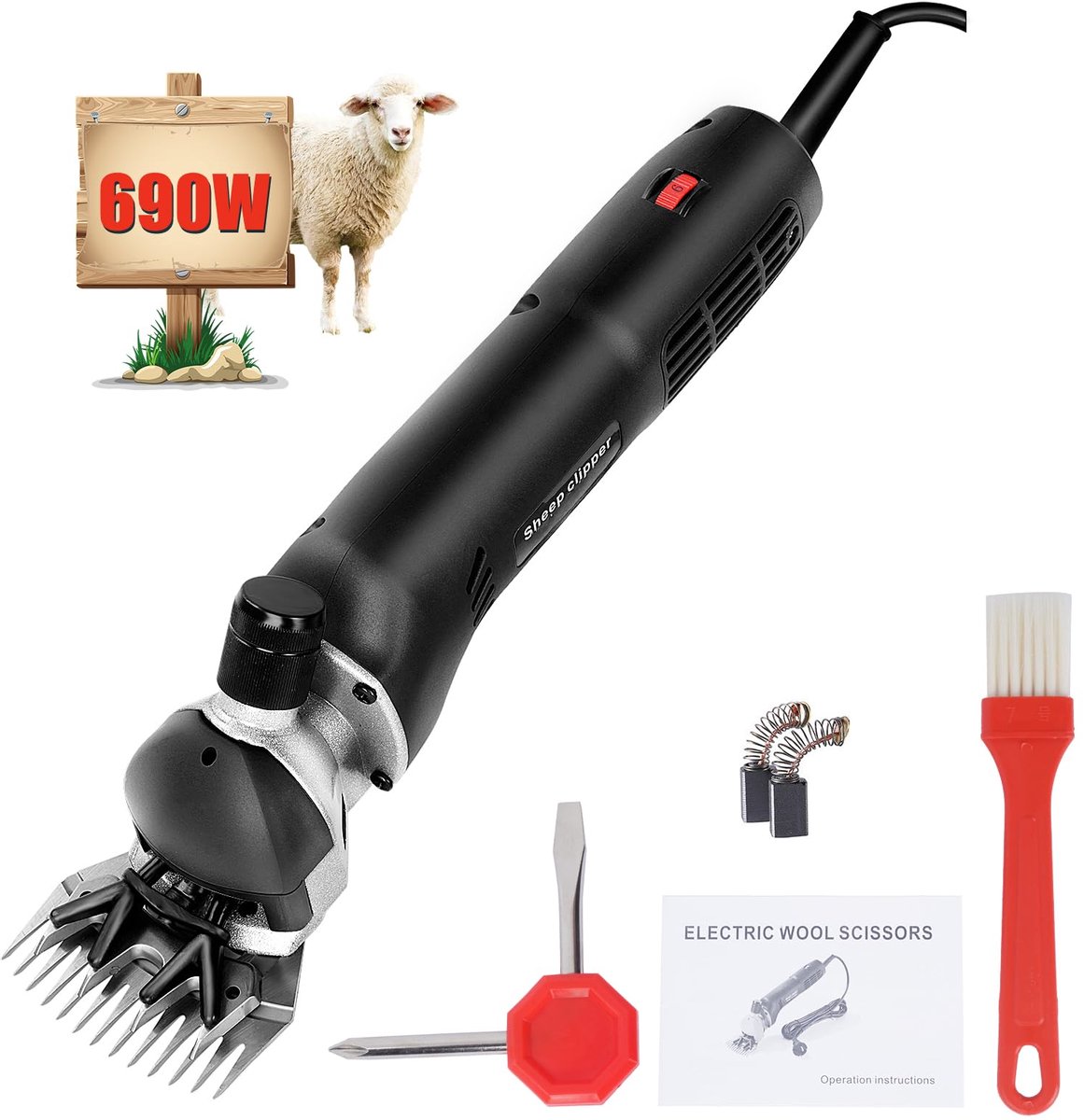 SnelShoppen - Professionele Elektrische Schapenschaar 690W met 6 Snelheden, 3m Netsnoer voor Dierentrimmen van Schapen, Geiten, Alpaca's en Lama's - Z