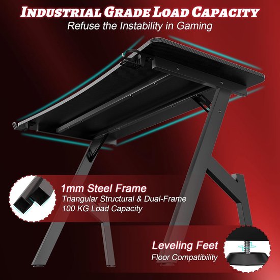 Ergonomisch Gamingbureau 120 x 60 cm met Bekerhouder en Hoofdtelefoonhaak - Zwart van Merkloos — afbeelding 3