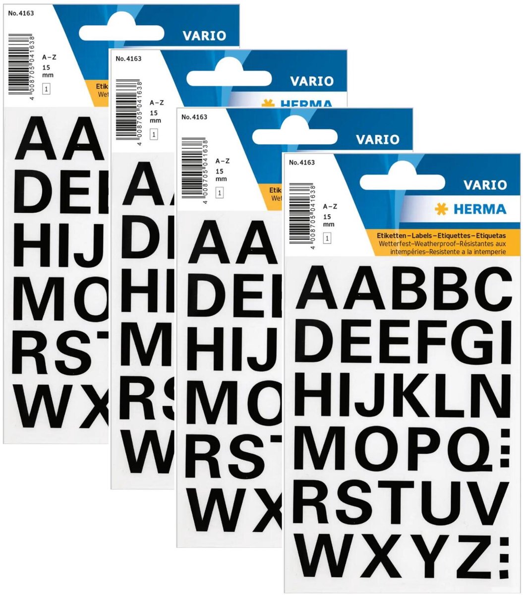 Herma Alfabet plak letters A-Z Stickers - 4x vellen - zwart - 15 mm - watervast