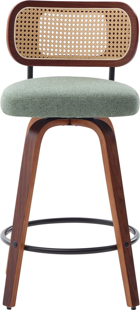 Pugsdrly Set van 3 draaibare barkrukken van 26", SW3766BG, barkrukken met rugleuning van gebogen walnoothout en rotan, groene linnen beklede zitting met metalen voetsteun, mid-century krukken voor keukeneiland en bar, DE3766OL