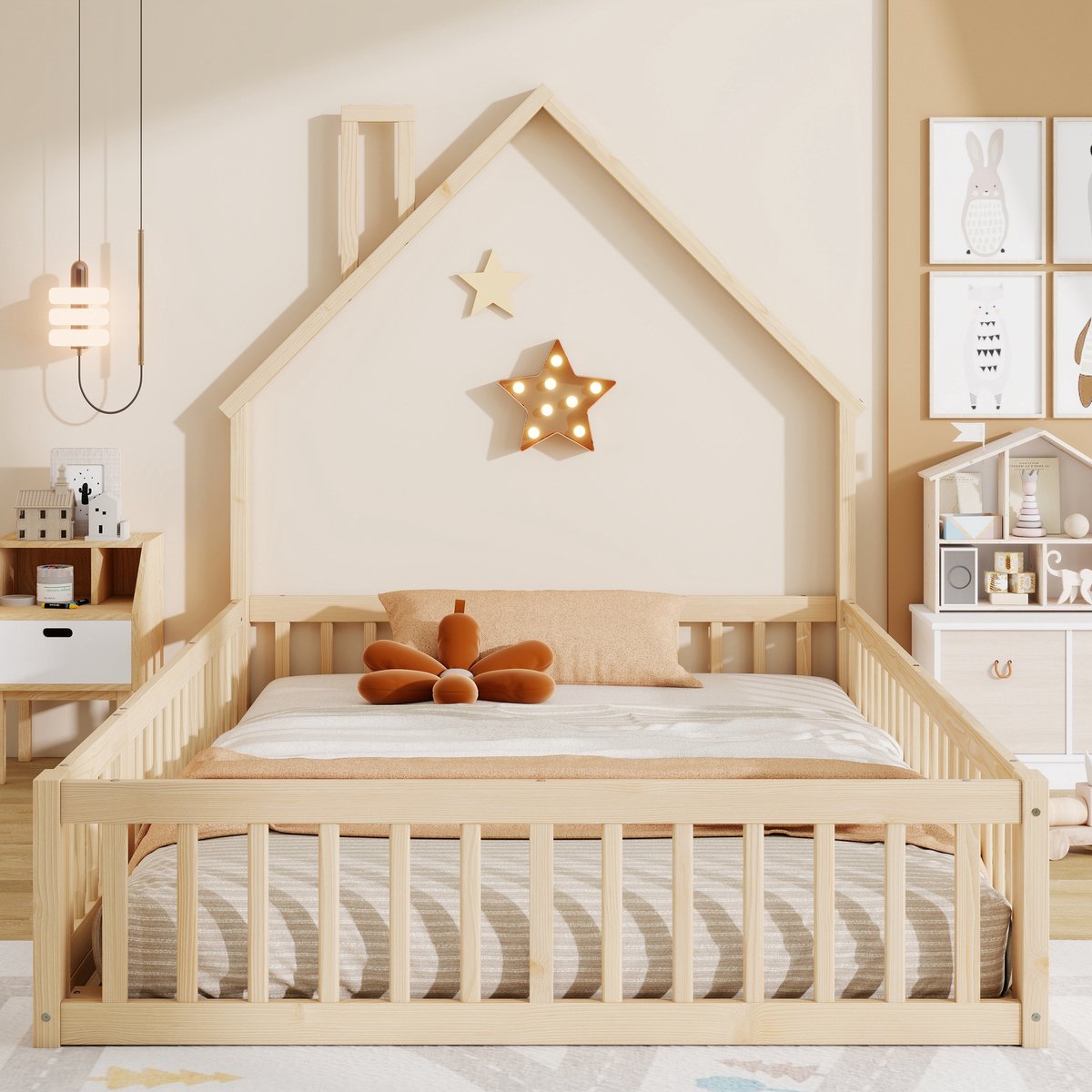 COVREO Kinderbed 205 x 150 x 165 cm – naturel, grenenhout en MDF, met veiligheidshek