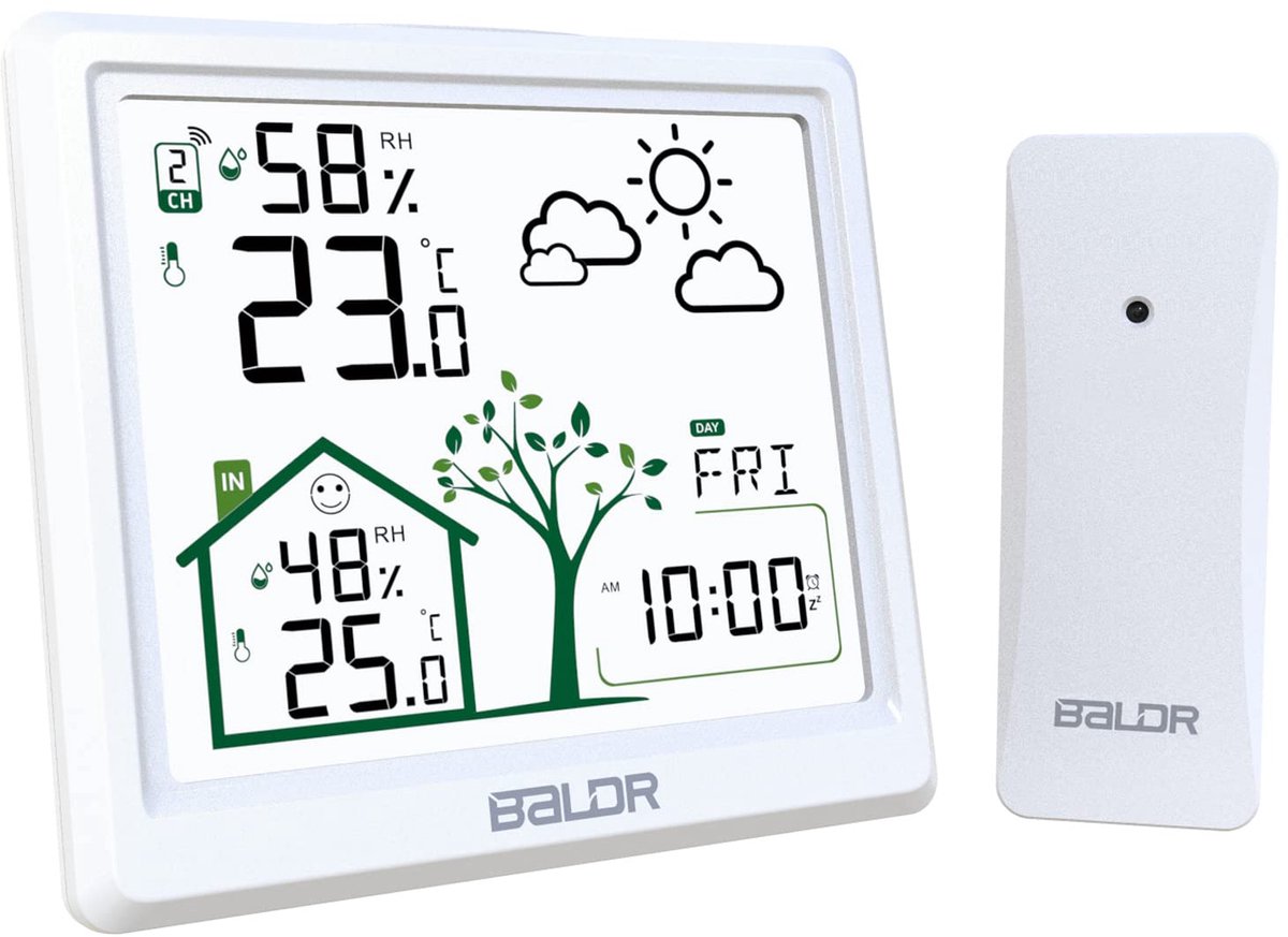 SnelShoppen - Draadloos Weerstation met Thermometer, Hygrometer, Barometer, LED-Sensor, Achtergrondverlichting, Digitale Klok, Alarm en Snooze - Binne