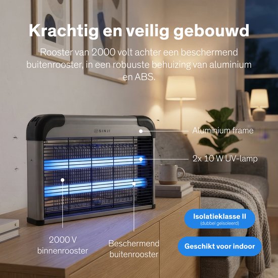 Zilverkleurige insectenlamp met aluminium frame, 2x 10W UV-lampen en 2000V binnenrooster, geschikt voor binnen.