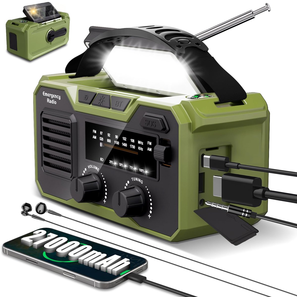 SnelShoppen - 27000 mAh Noodradio met Bluetooth 5.3, FM/AM, SOS Alarm, Kompas, Zaklamp - Ideaal voor Outdoor, Camping, Natuurrampen (Groen)