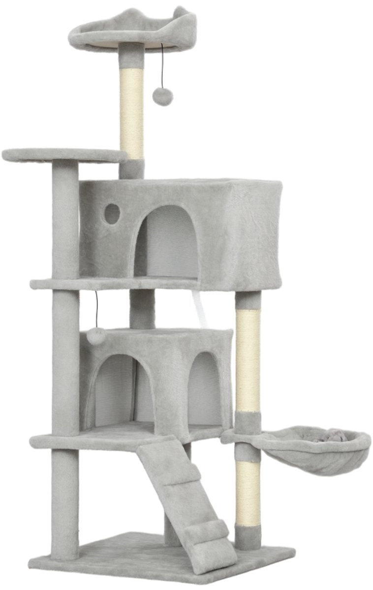 Krabpaal – 140 cm – Meerdere Niveaus met Hangmat en Ladder – Polyester en Sisal – Lichtgrijs – Voor 1-3 Katten